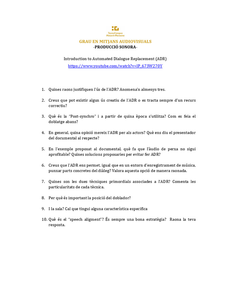 QUEST 2 - Introduction To Automated Dialogue Replacement (ADR) | PDF