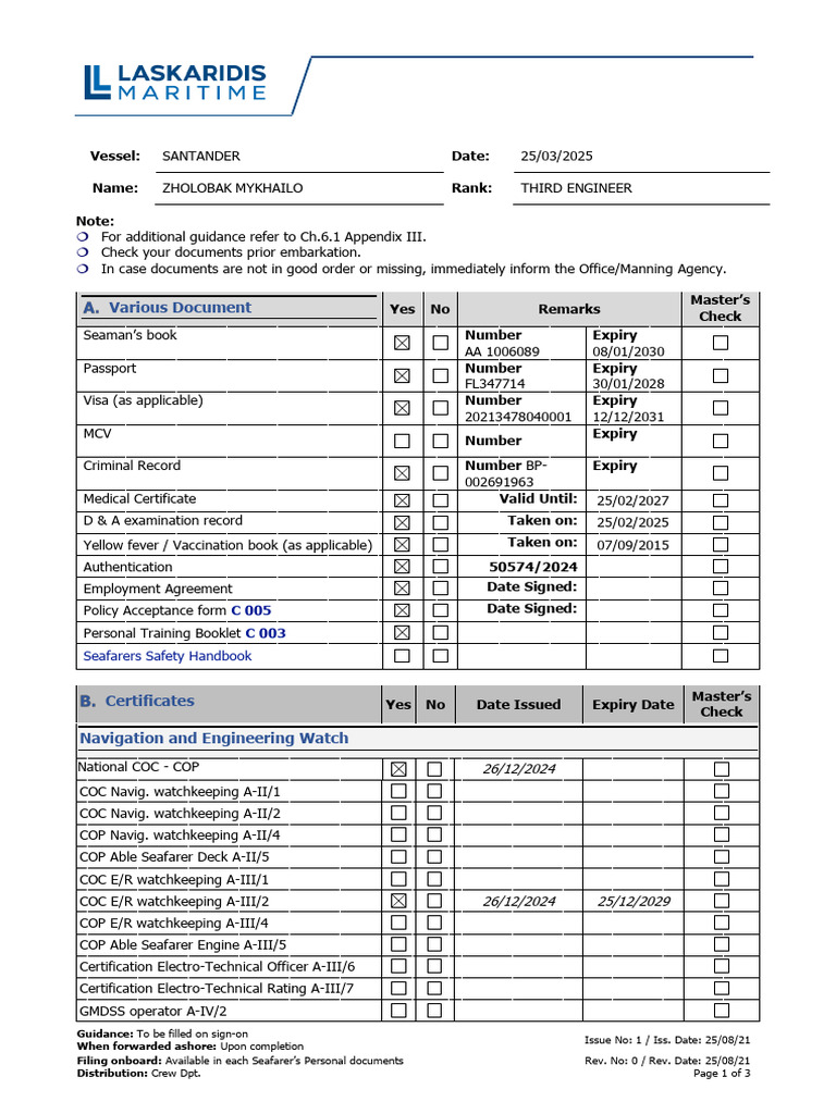 Seafarer Document Validation Checklist | PDF | Sailor | Shipping