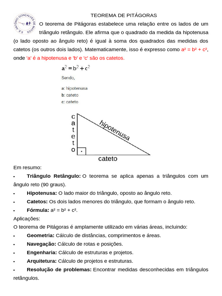 Teorema de Pitágoras: Definição e Exemplos | PDF