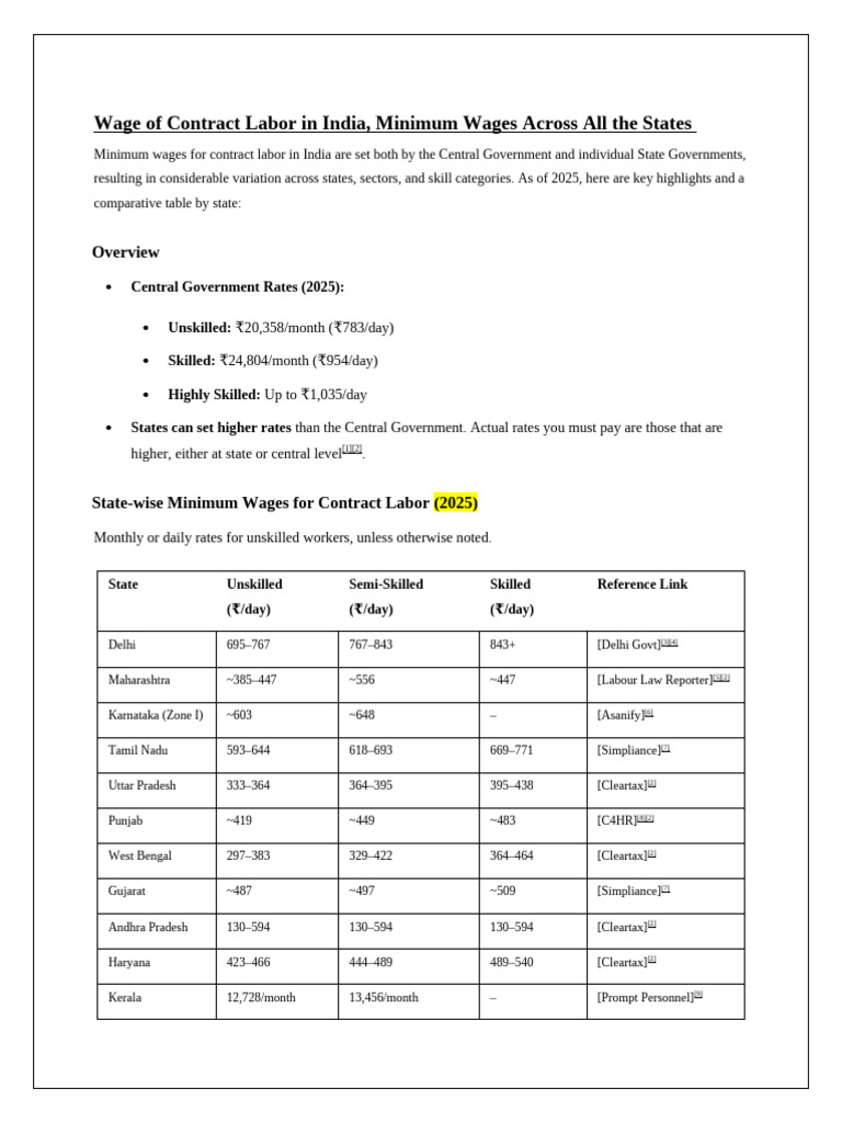 Minimum Wages for Contract Labor in India | PDF | Cost Of Living ...