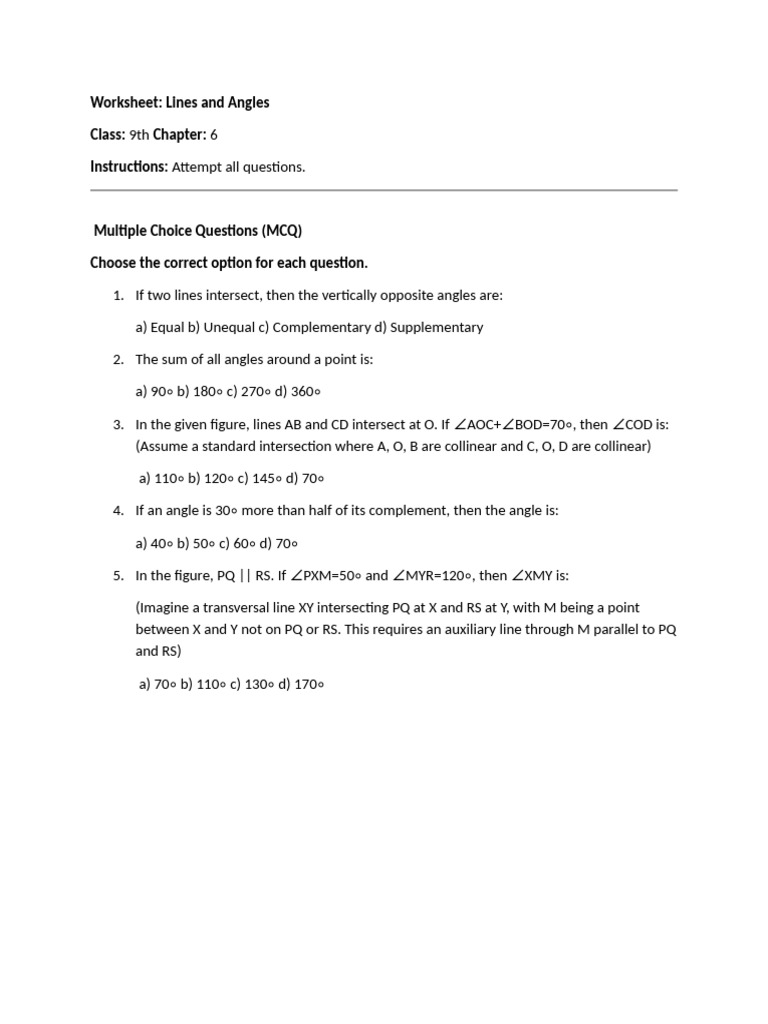 9th Grade Worksheet on Lines and Angles | PDF