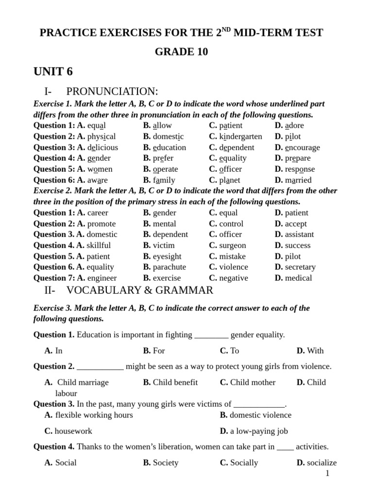 Grade 10 Mid-Term Test Practice Exercises | PDF