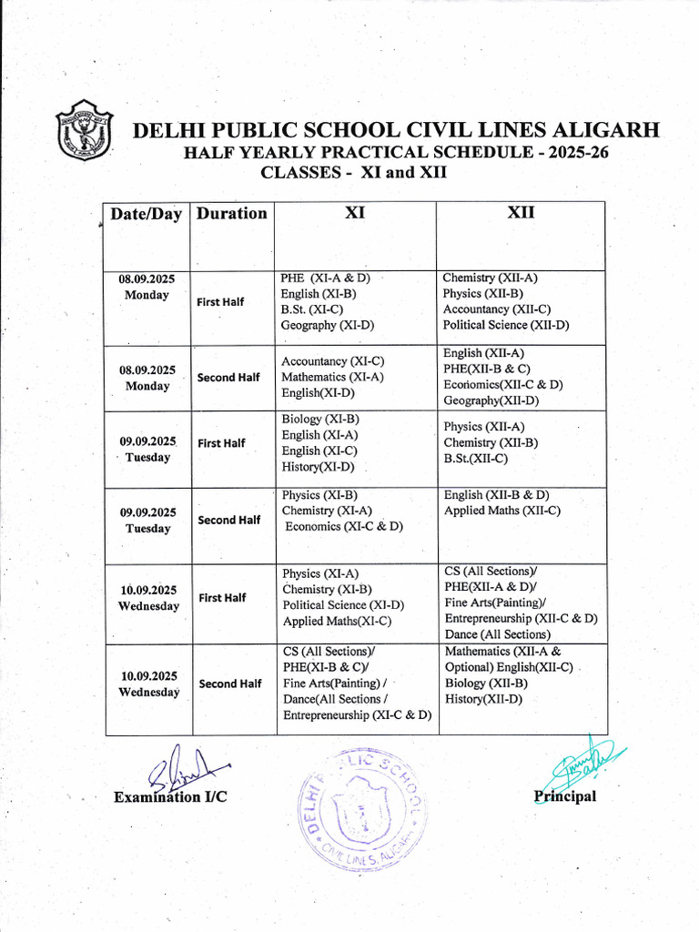 DPS Aligarh Half Yearly Schedule 2025-26 | PDF | Science | Liberal Arts ...