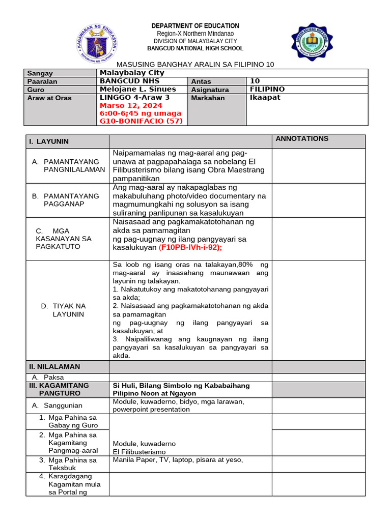 FILipino DLP With Annotation Sample | PDF