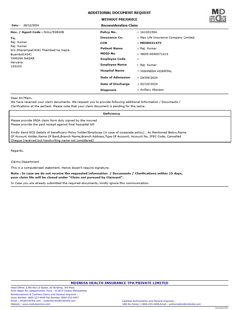 Additional Documents Request for Claim | PDF | Insurance | Financial ...