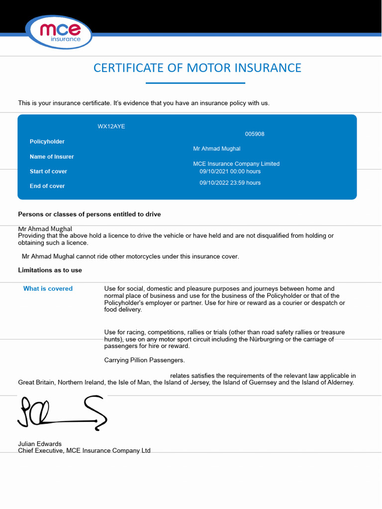 Motor Insurance Certificate for Mr. Mughal | PDF