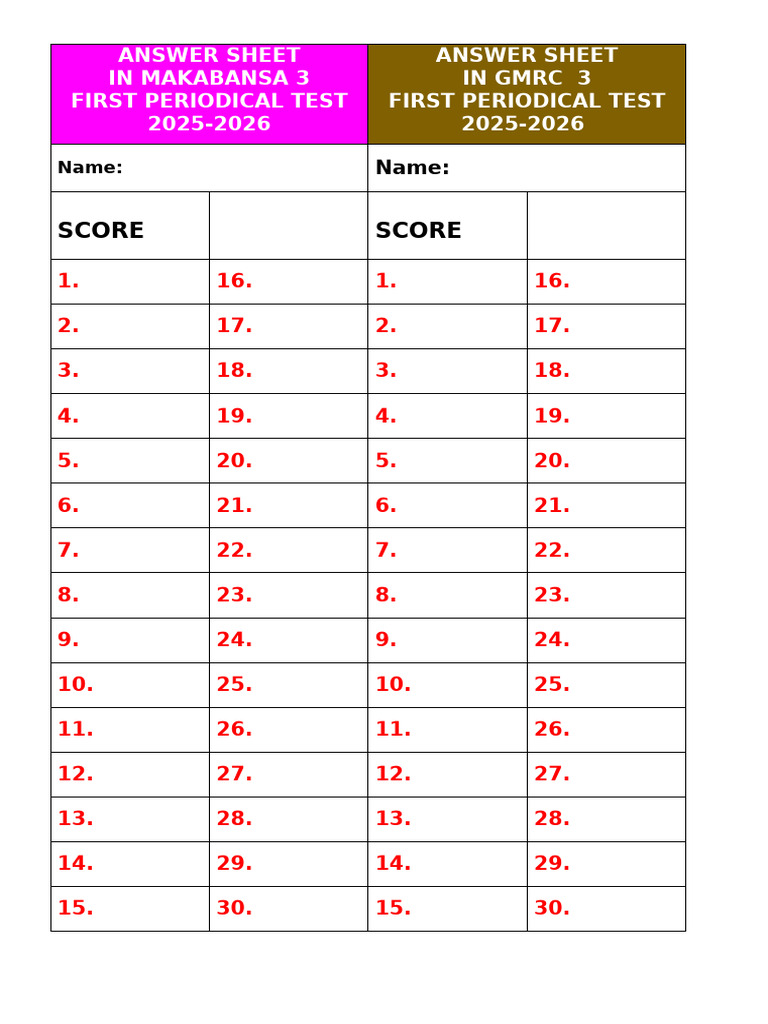 Answer Sheet g3 | PDF