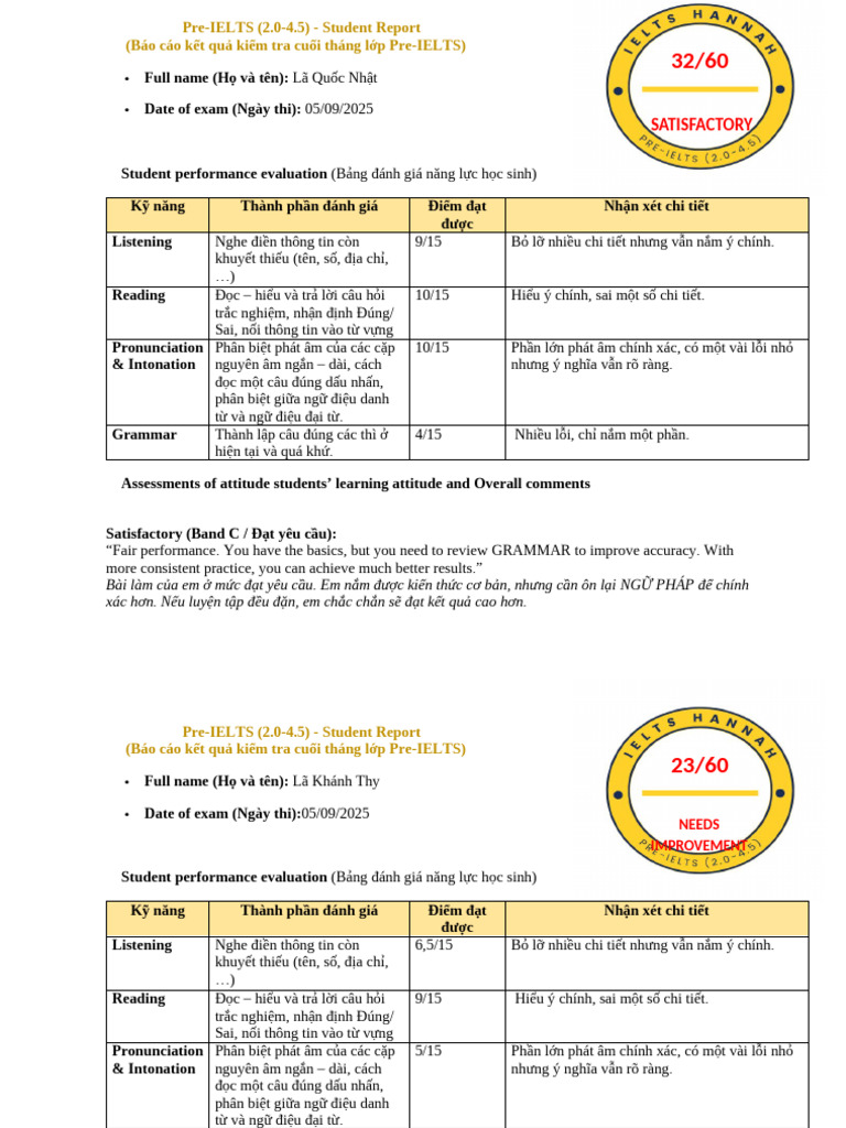 Pre-IELTS - Student Report | PDF