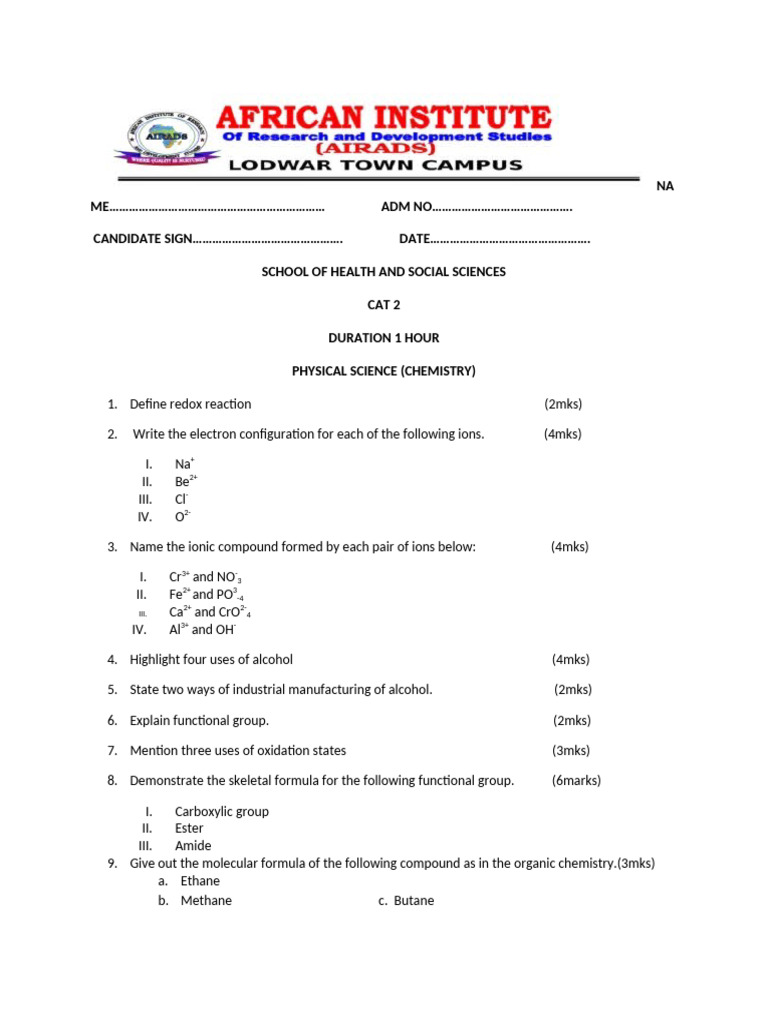 Physical Science Chemistry CAT 2 Exam | PDF