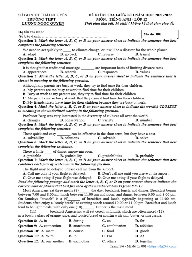 English Test Paper for Grade 12 | PDF | Meal | Lunch