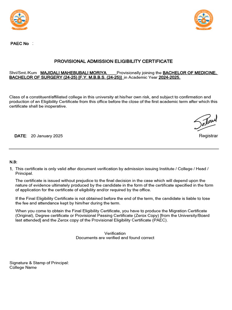 PAEC for MBBS Admission 2024-25 | PDF