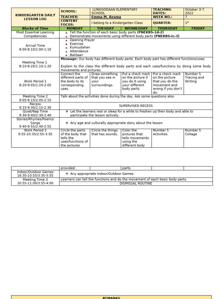 Kindergarten Lesson Plan: Body Parts | PDF | Teachers | Teaching