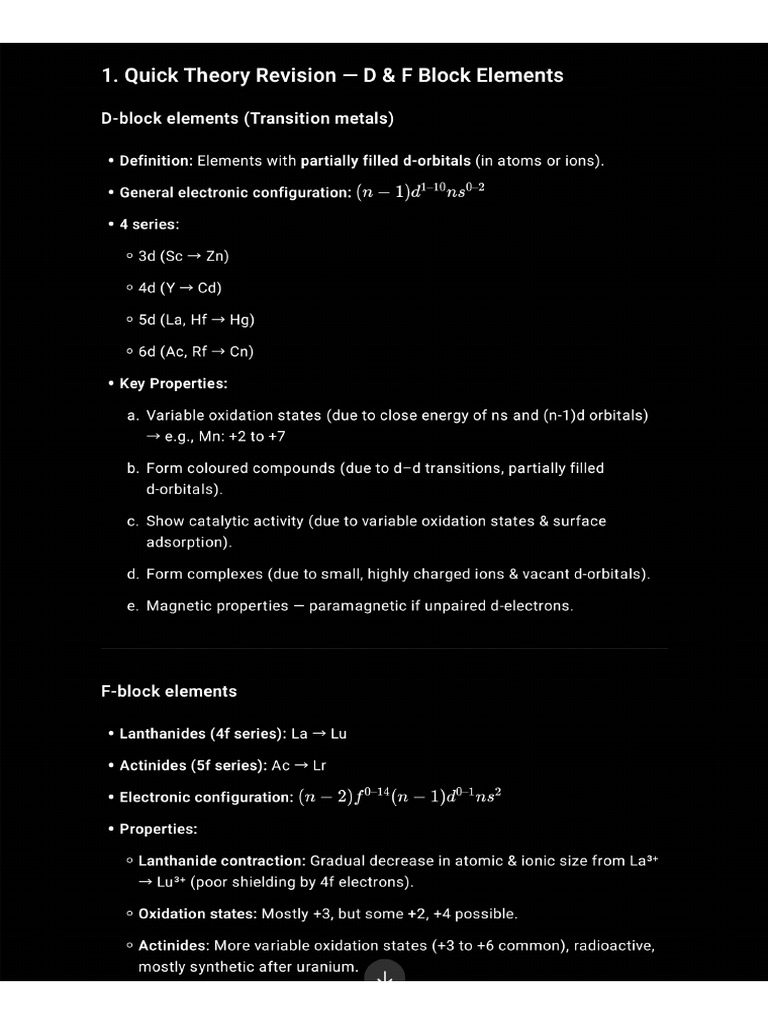 D and F Block Elements | PDF