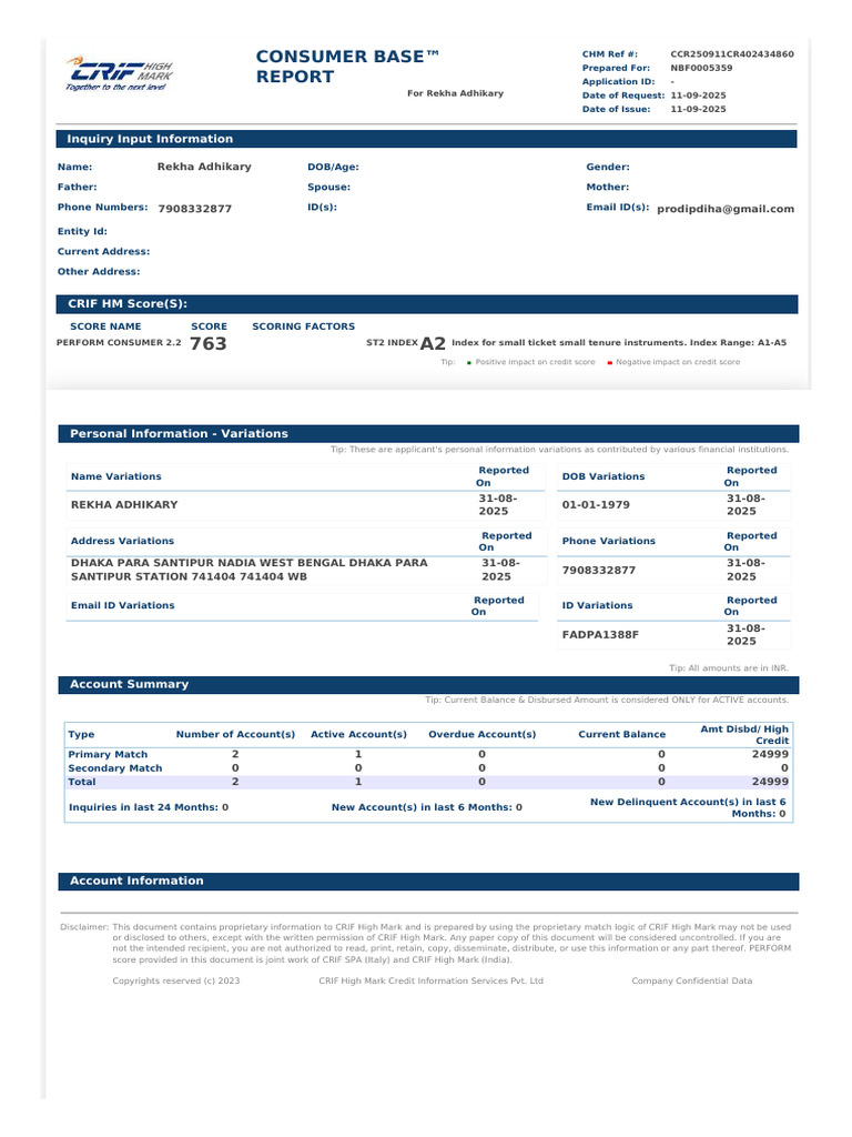 Consumer Credit Report for Rekha Adhikary | PDF | Credit | Finance ...