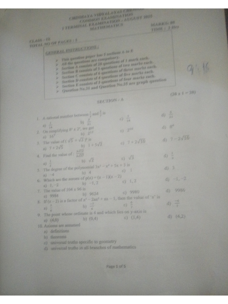 Class 9 Question Paper Mathematics First Terminal Examination | PDF