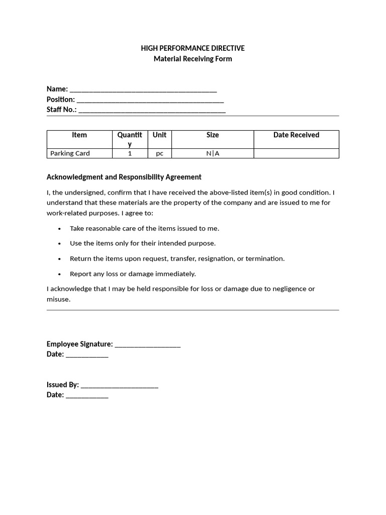 Material Receiving Acknowledgment Form | PDF