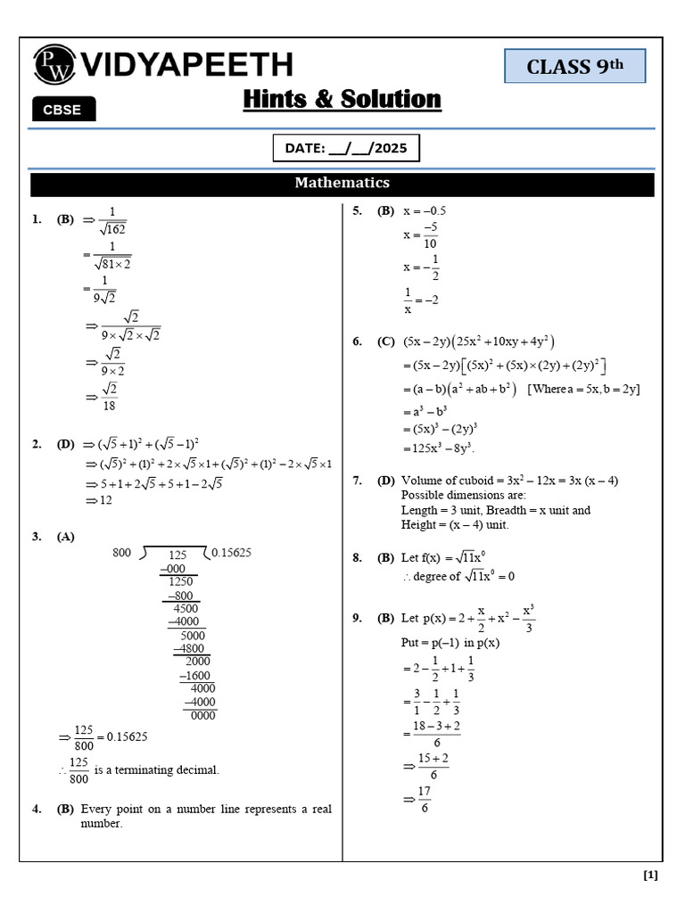 CBSE Class 9 Mathematics Solutions | PDF | Axiom | Equations