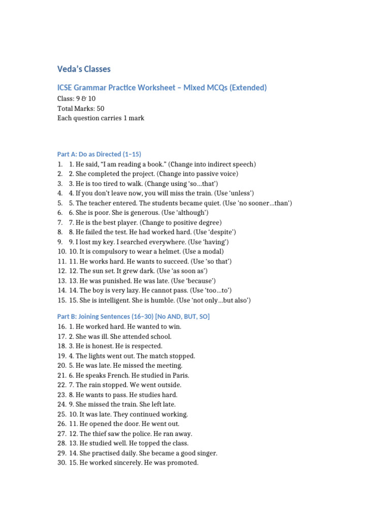 ICSE Grammar MCQs for Class 9 & 10 | PDF | Chess Openings | Linguistics