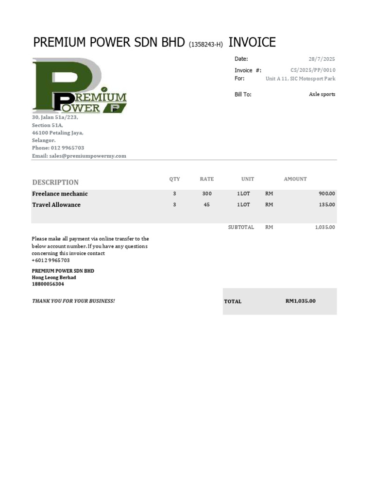 Premium Power Invoice for Axle Sports | PDF