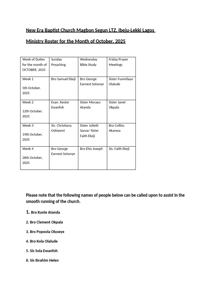 October 2025 Roster of Duties | PDF
