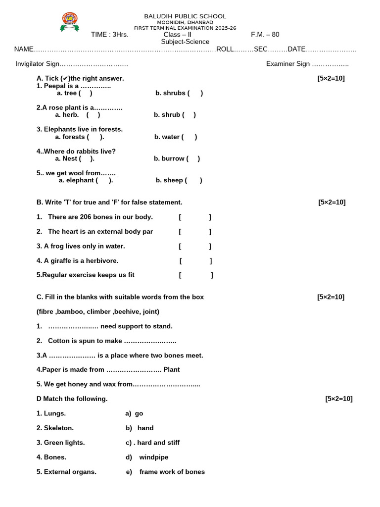 Class II Science Exam Paper 2025-26 | PDF | Zoology