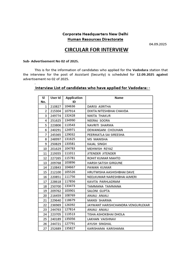 AAI Cargo Vadodara Assistant Security Interview | PDF