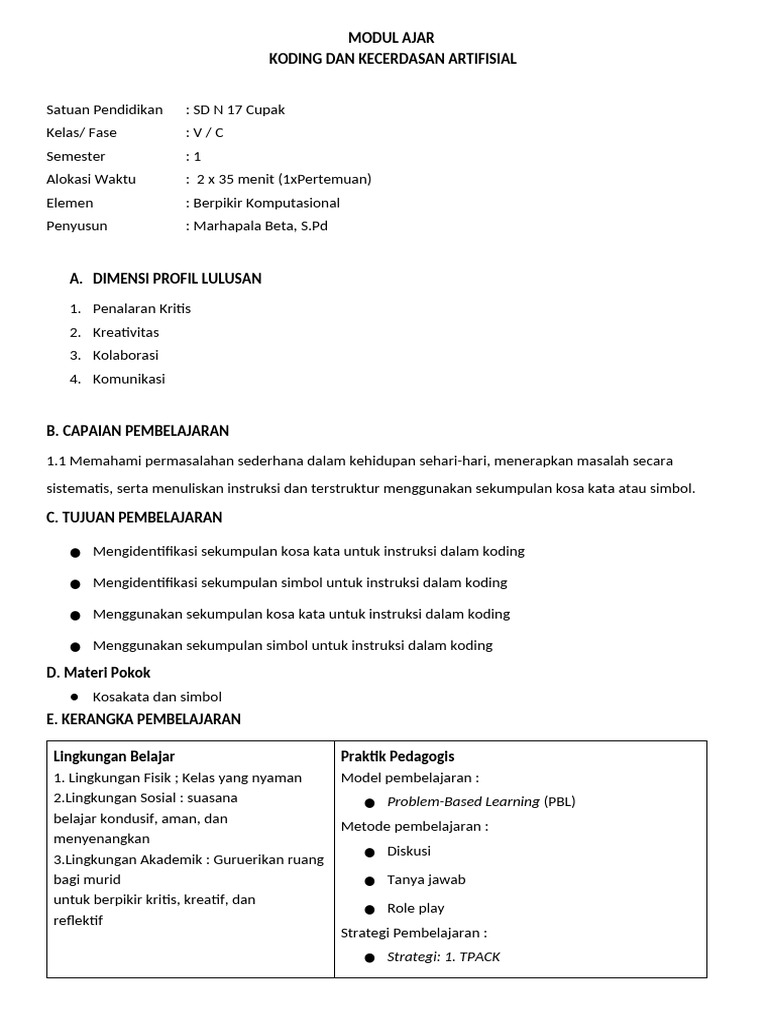 Koding dan Kecerdasan Artifisial SD | PDF
