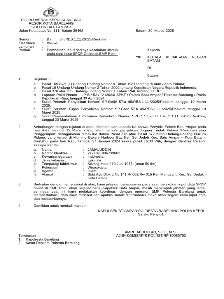 Kesalahan Input SPDP Online Polsek Batam | PDF