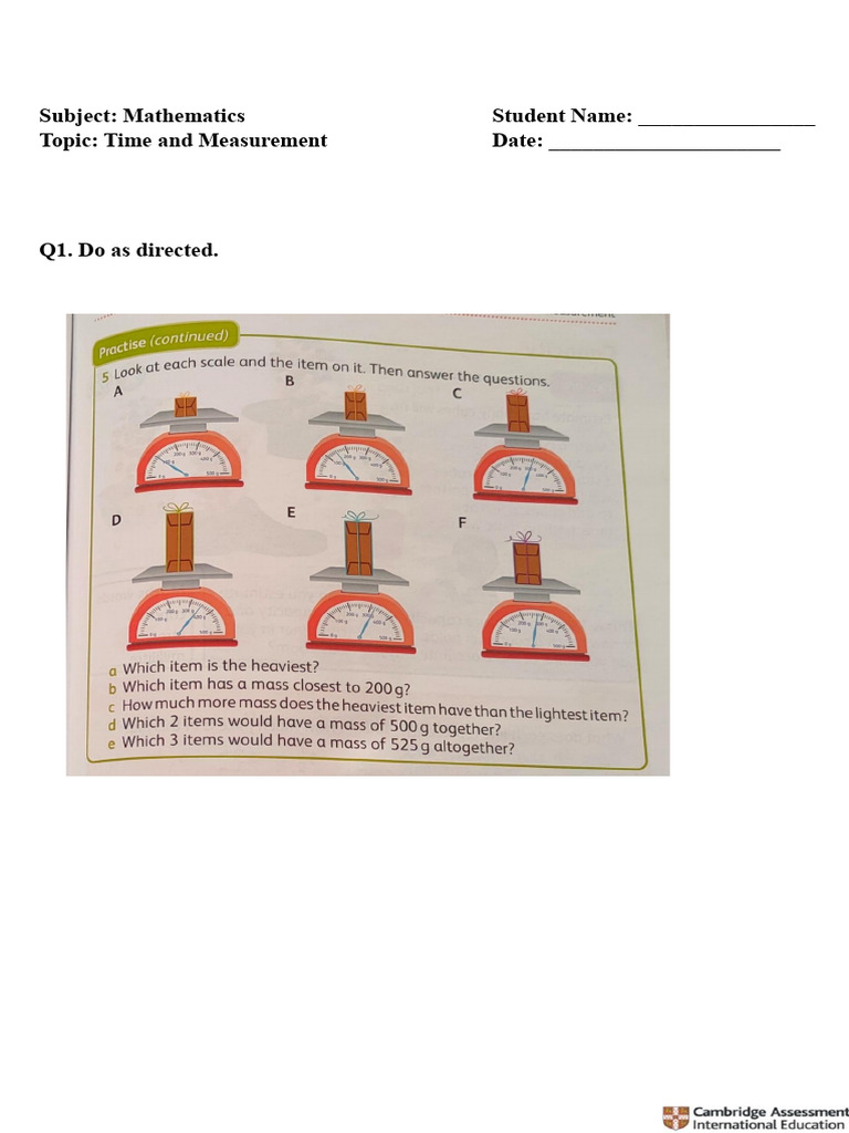 Subject: Mathematics Student Name: - Topic: Time and Measurement Date | PDF