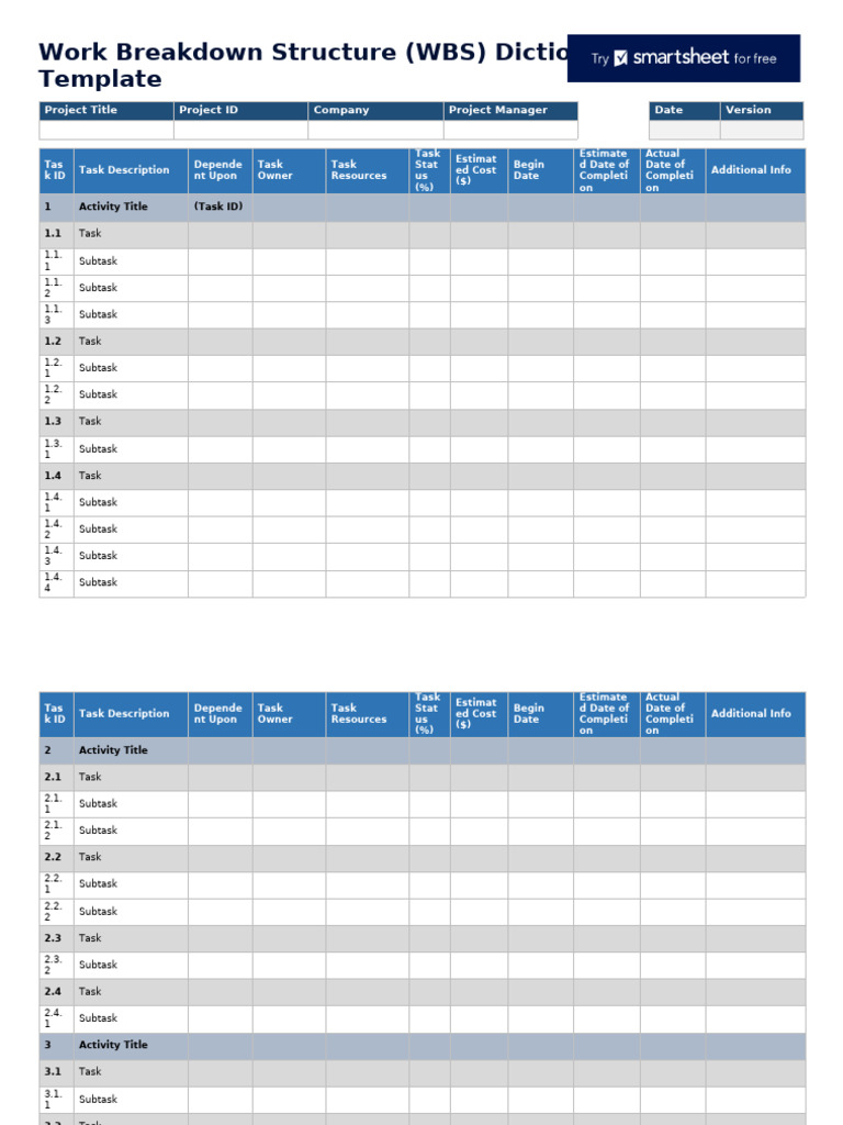 WBS Dictionary Template for Projects | PDF