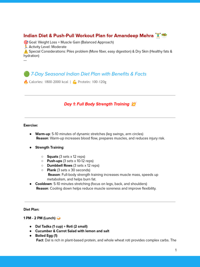 Indian Diet & Workout Plan for Weight Loss | PDF | Strength Training ...