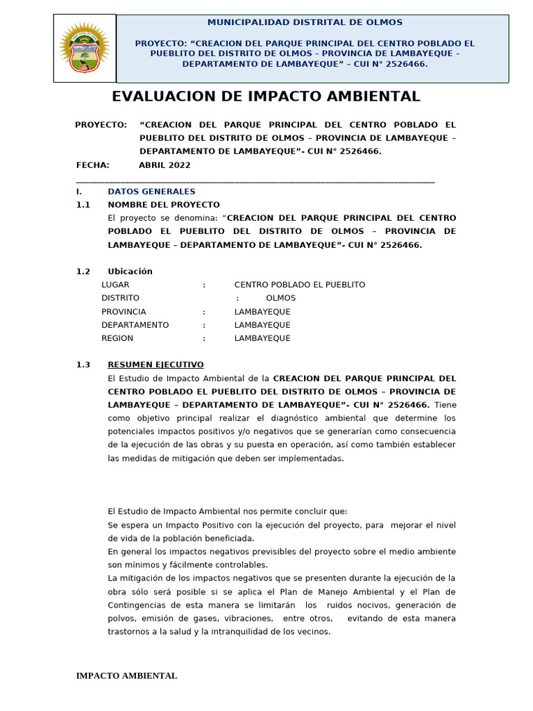 Estudio de Impacto Ambiental del Parque Olmos | PDF | Evaluación de ...
