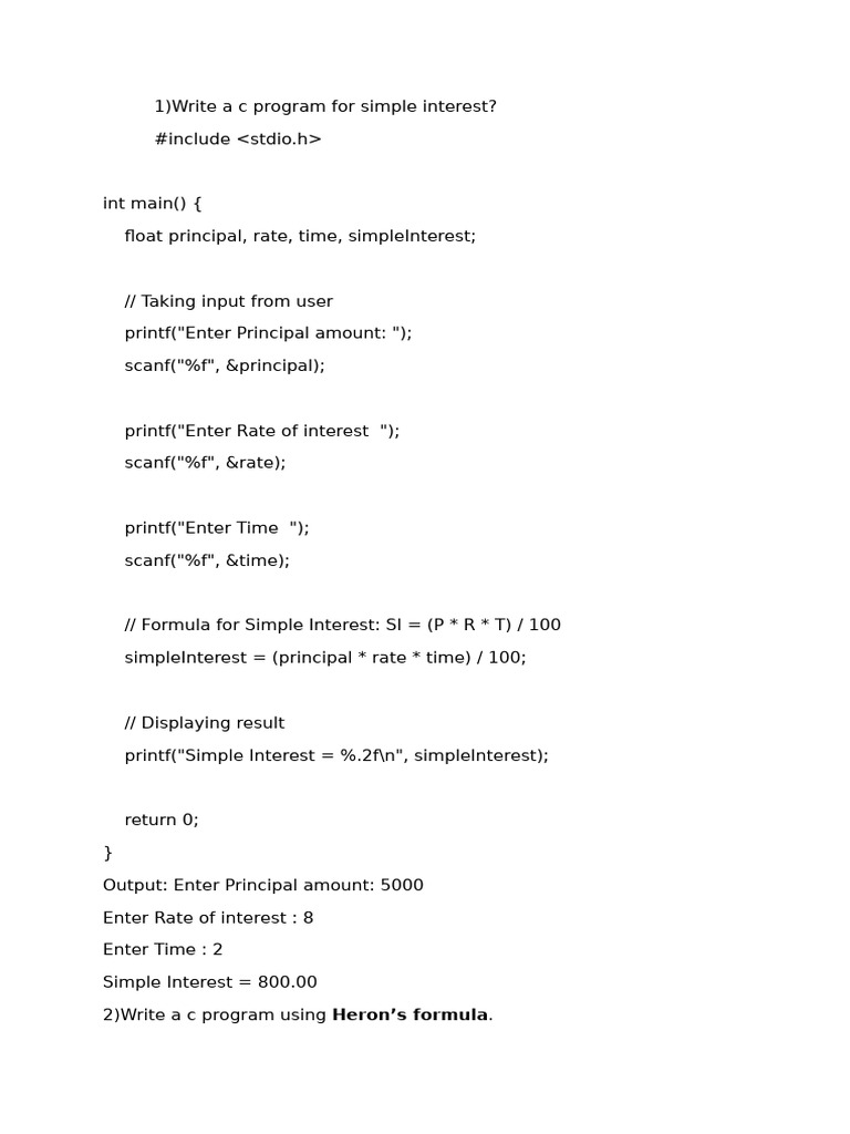 C Programs for Simple Interest and Area | PDF