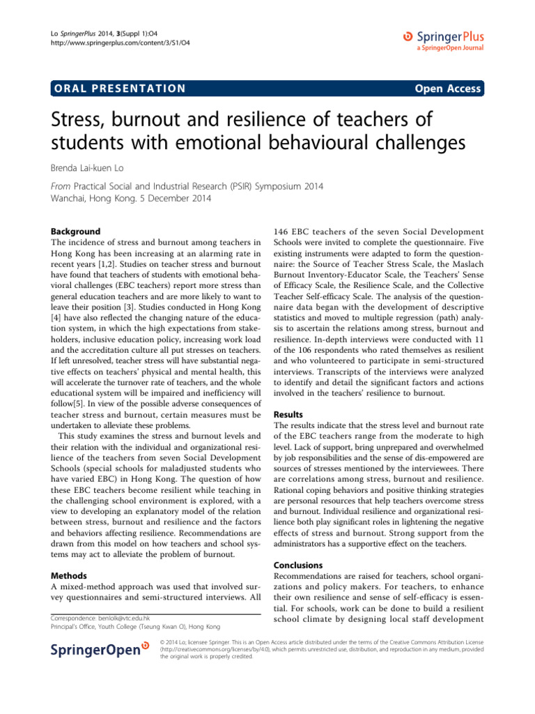 Teacher Resilience Amid Stress and Burnout | PDF | Psychological ...