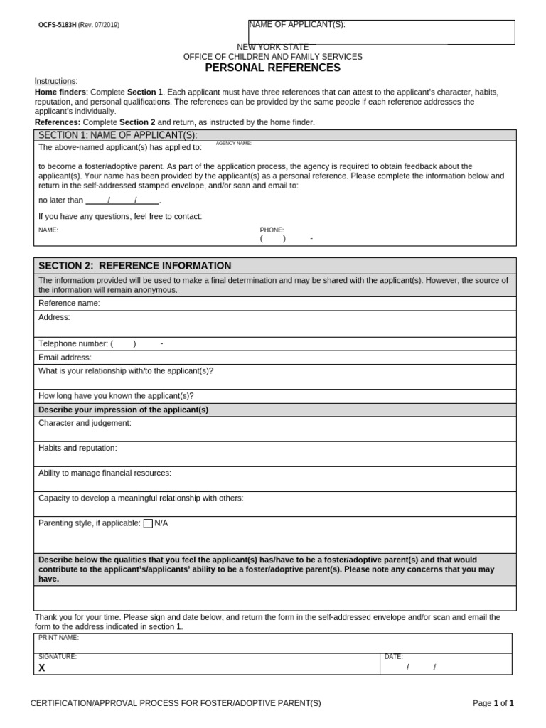 New York Foster Care Reference Form | PDF