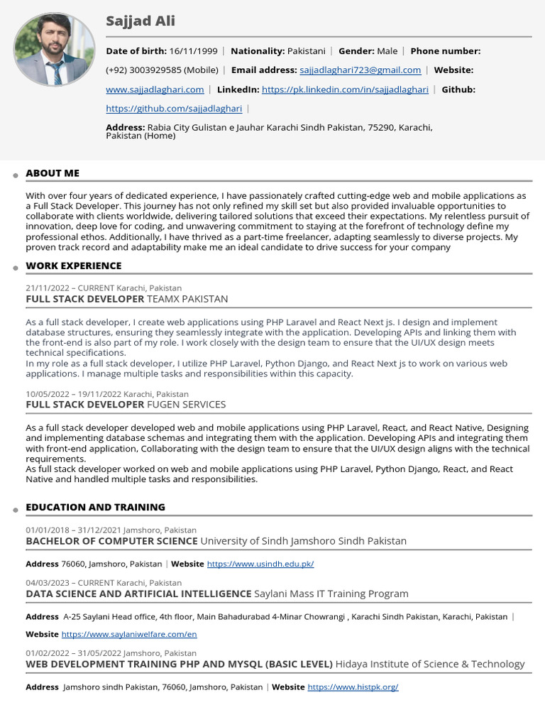 Full Stack Developer Profile: Sajjad Ali | PDF | Websites | Ajax ...