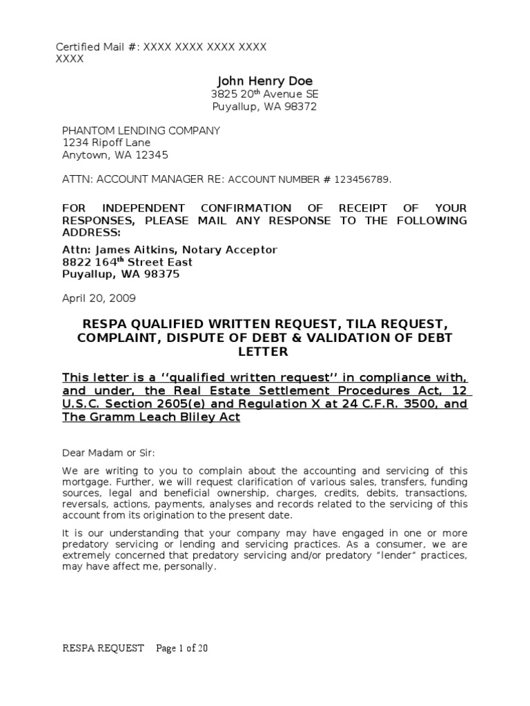 Killer QWR Qualified Written Request PDF Mortgage Loan Deed Of