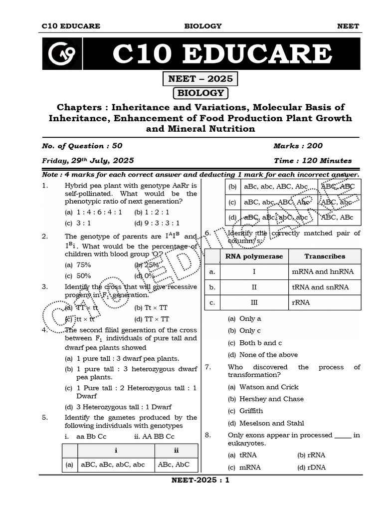 NEET 2025 Biology Exam Questions | PDF | Dominance (Genetics) | Genotype