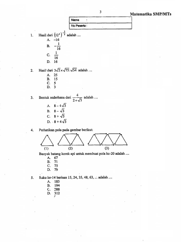 18 Soal UN Matematika SMP 2017 | PDF