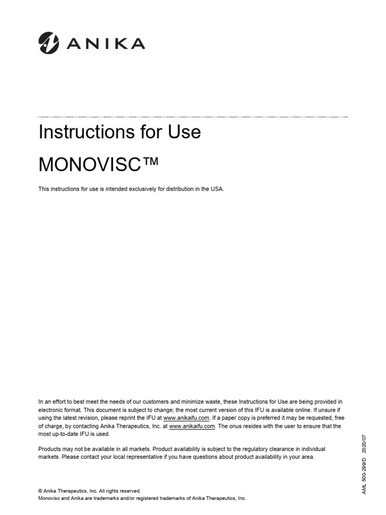 Monovisc™ Instructions for Use | PDF | Osteoarthritis | Injection ...