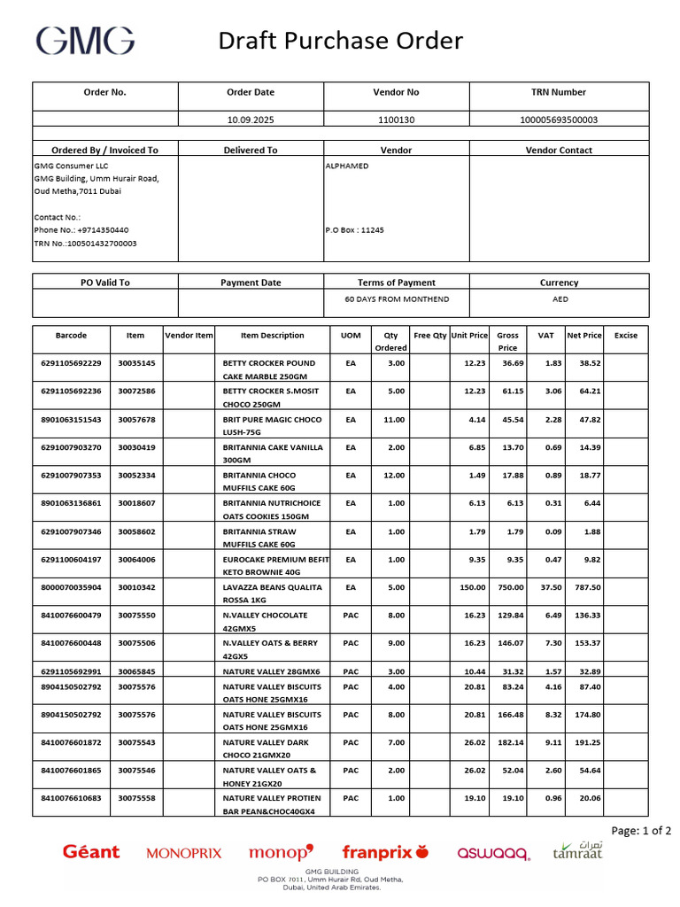 Draft Purchase Order for GMG Consumer | PDF