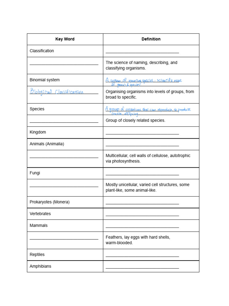 Key Words - Classification (Worksheet) | PDF | Cell (Biology) | Leaf