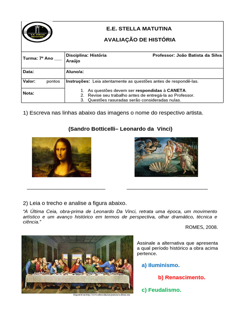 Atividades sobre o Renascimento para 7º Ano | PDF | Renascimento ...