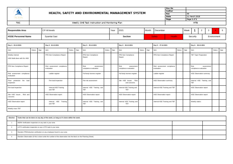 Weekly HSE Task Monitoring Plan | PDF | Workplace | Safety