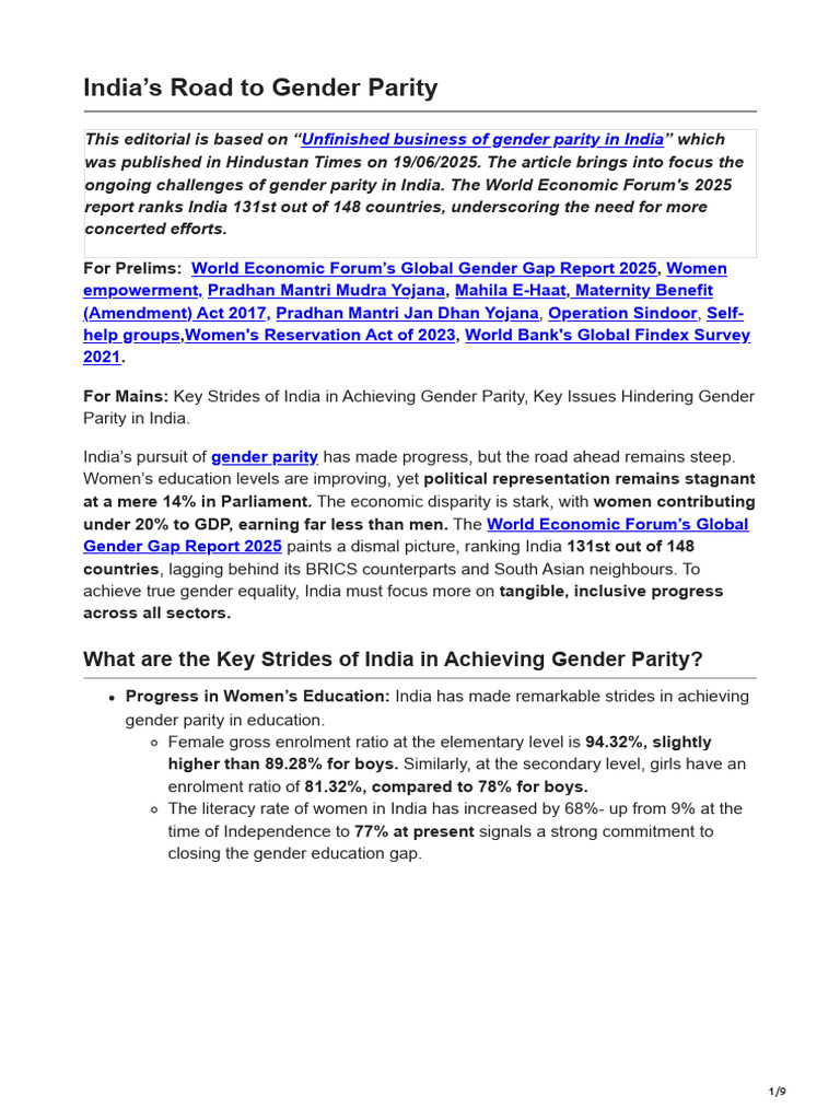 India's Gender Parity Challenges 2025 | PDF | Gender Pay Gap | Gender ...