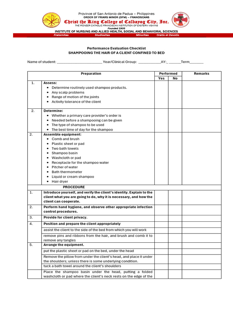 Bathing and Shampooing Checklist | PDF | Hygiene | Shampoo