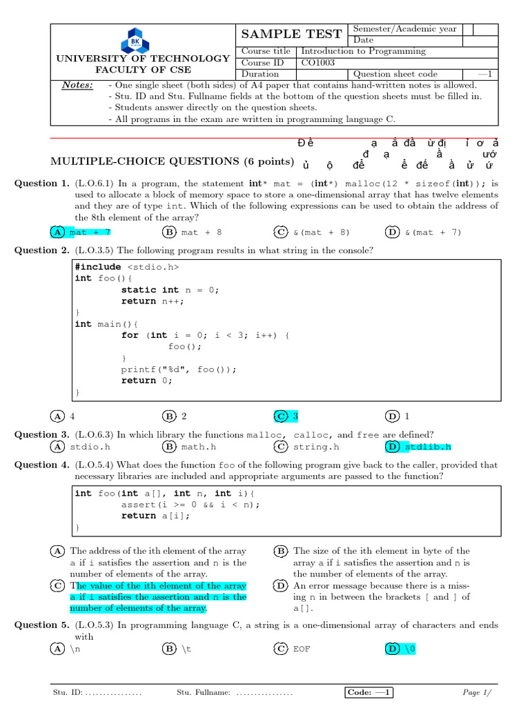 Sample Test 1 | PDF