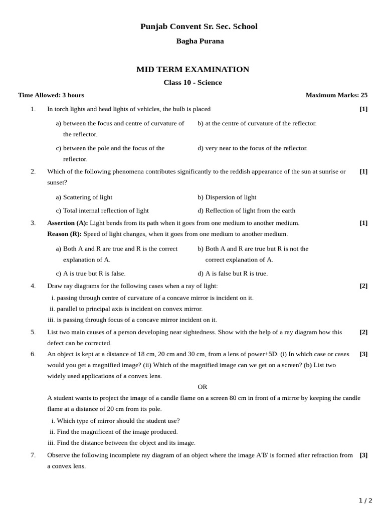 Class 10 Science Mid Term Exam Guide | PDF | Light | Sunset
