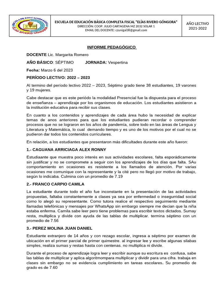 Informe Pedagogico Séptimo 2022 | PDF | Aprendizaje