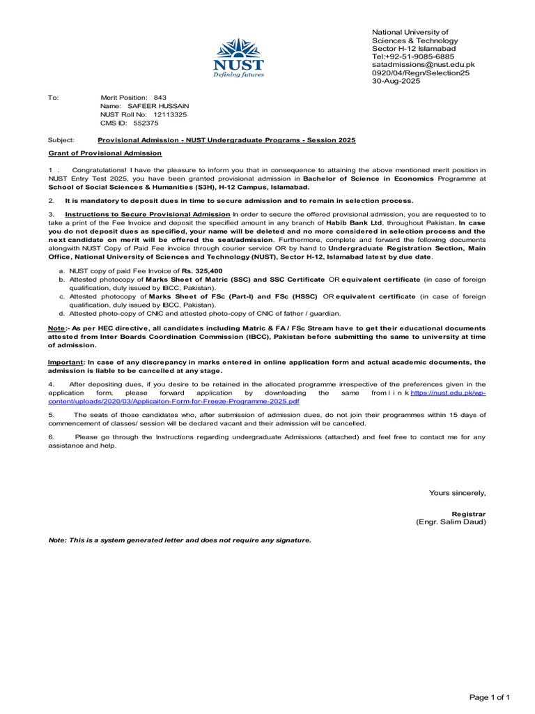 NUST Provisional Admission Notice 2025 | PDF | Educational Stages